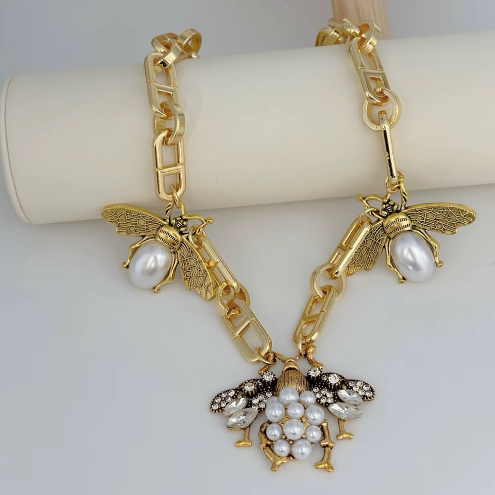 Gold Bee Pendant Necklace with Pearl Accents - Women Jewelry - Picture 3 of 5